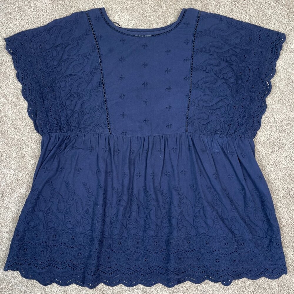 World Market Top Women L/XL Blue Embroidered Bohemian India 100% Cotton Paisley